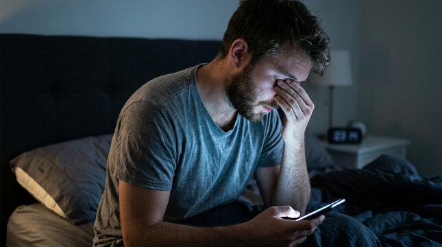 Tired young man sitting on a bed in a dark bedroom at night rubbing his eyes and holding a glowing smartphone, displaying signs of insomnia, exhaustion, and digital eye strain.