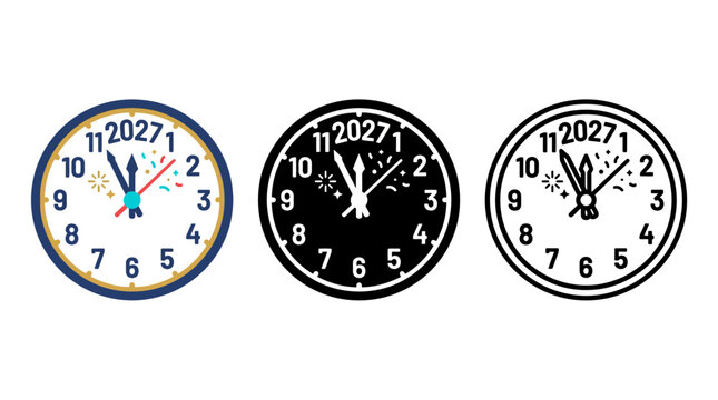 Colorful clock illustrations showing different styles for celebrating New Year or time