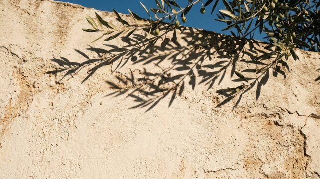 Shadows of olive tree branches with green leaves cast upon a rustic textured wall under a clear blue sky