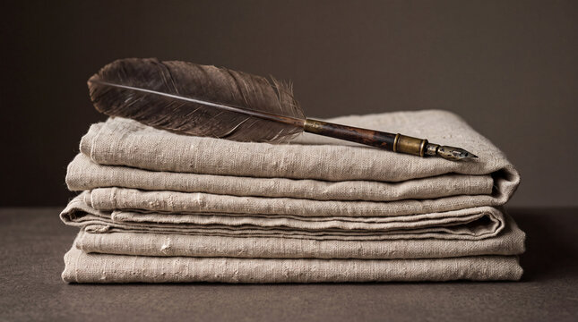 Single antique quill pen resting on a stack of neatly folded undyed linen cloth isolated on plain seamless studio background soft studio lighting minimal composition centered, authorship literature 