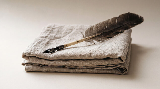 Single antique quill pen resting on a stack of neatly folded undyed linen cloth isolated on plain seamless studio background soft studio lighting minimal composition centered, authorship literature 