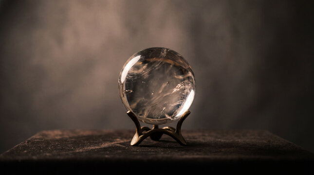 Single ornate crystal ball isolated on plain seamless studio background soft studio lighting minimal composition centered, fortune opportunity rare golden value investment anticipation prediction ri
