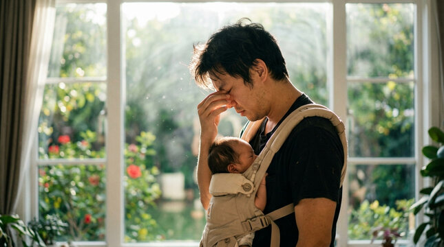 Tired East Asian father suffering from sleep deprivation while holding a sleeping infant in a beige baby carrier at home during the day in front of a window with garden view.