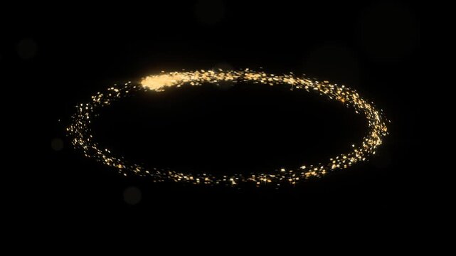 A champagne glitter comet sweeps a long elliptical orbit, dragging a bright tail of metallic flakes behind its head, a seamless looping orbit over pure black, ready for Screen or Add blending