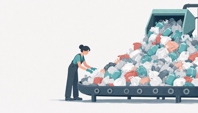 A worker sorts mixed plastic waste on a conveyor belt at a recycling facility, highlighting waste management and environmental sustainability.