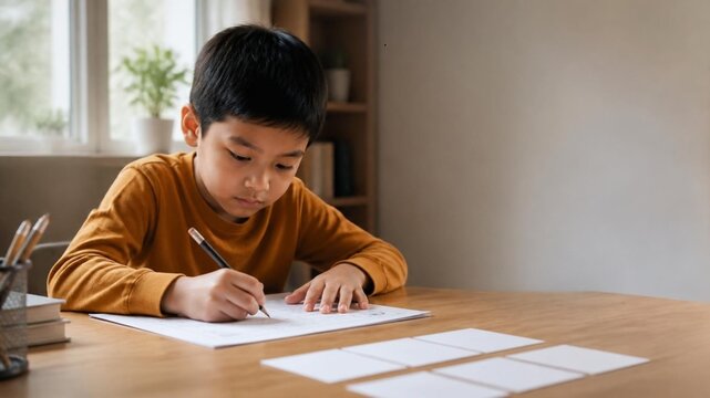 Asian Child Concentrating on English Worksheet at Home