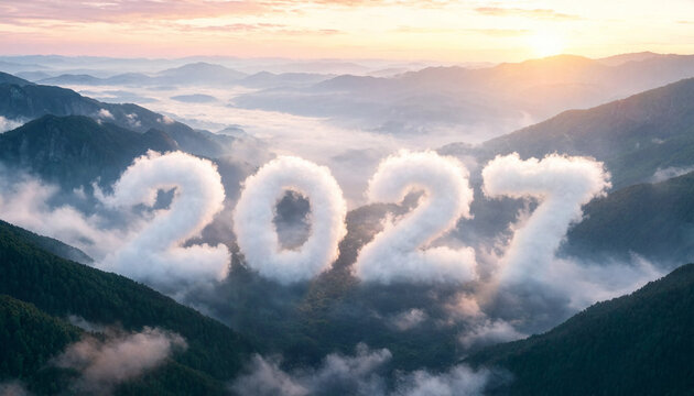 Clouds form the number 2027 above a misty mountain valley at sunrise, creating a fresh New Year concept.