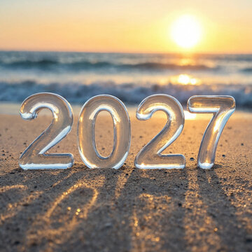 Silver 2027 numerals stand on wet sand beside the ocean at sunrise, reflecting warm light and suggesting a new year celebration.