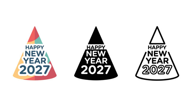 Set of three colorful New Year party hats for celebrating the new year 2027