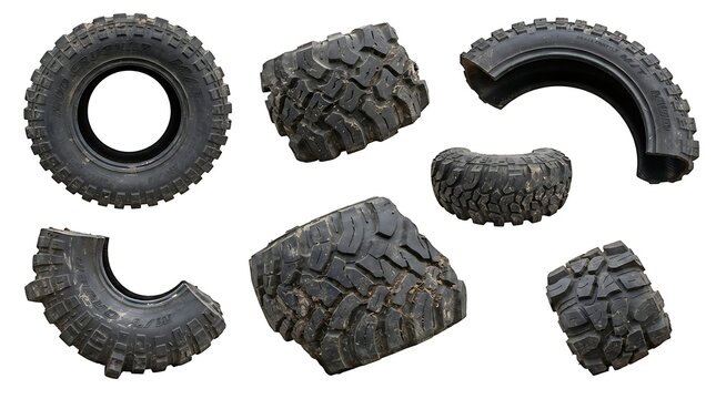 A collection of various off-road vehicle tire segments and a full tire showing deep tread patterns isolated on a white background, for automotive and industrial