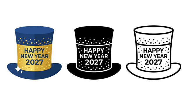 Set of three festive hats celebrating the New Year with colorful designs and text