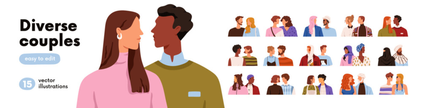 Couple in love, woman and man, people set. Romantic couples, boyfriend and girlfriend on date, young man and woman partners look at each other. Love relationship portrait. Flat vector illustrations