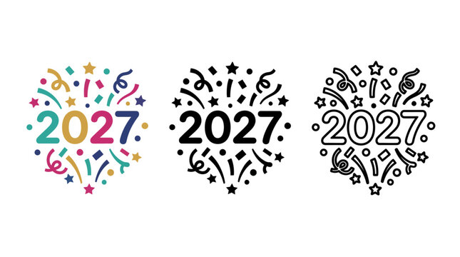 Three different colorful and black designs of the year 2027 with festive elements
