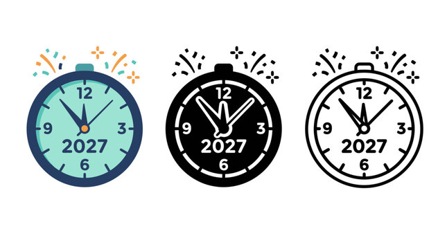 Three illustrated clocks celebrating the year 2027 with colorful designs and patterns