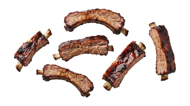 A selection of cooked, glazed pork ribs with a rich, dark brown barbecue sauce, arranged on a white background, highlighting the charred texture, meat, and bone of these savory meat pieces