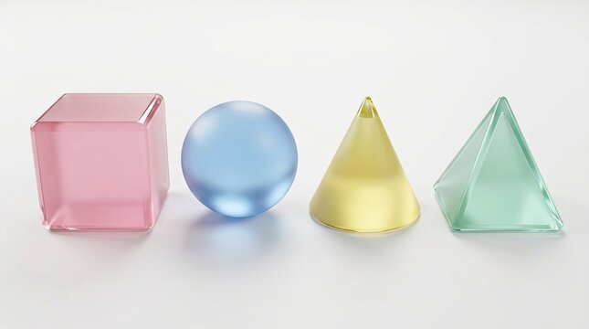 Four colorful translucent geometric shapes cube sphere cone pyramid on white background