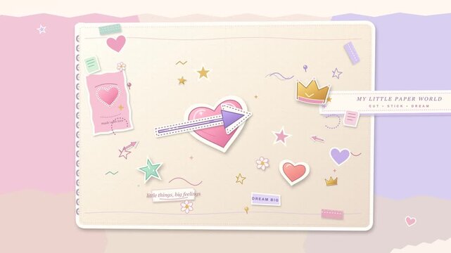 Cute Pastel Paper Scrapbook Animation Background with Heart Stickers Arrow and Stars for Diary Craft Design