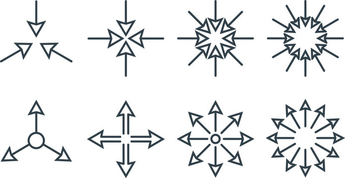 Inward and outward arrow icons representing concepts of convergence divergence concentration distribution focus dispersion and multi directional traffic flow navigation