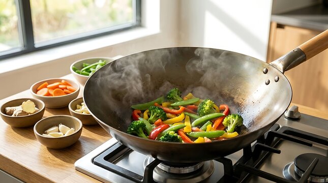 Fresh vegetables stir frying in a hot metal wok pan on a gas stove in a bright home kitchen setting. Wok cooking tips