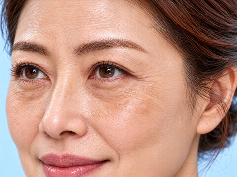 중년 여성 색소 침착(기미) 있는 얼굴 클로즈업 - 피부미용