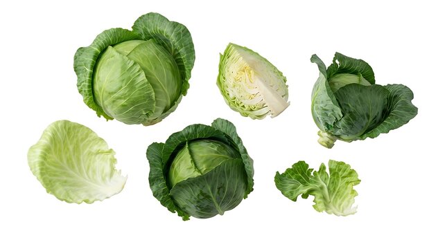 Fresh whole green cabbage heads alongside cut wedges and loose leaves arranged on a white background, highlighting the crisp texture and vibrant light green color of the vegetable
