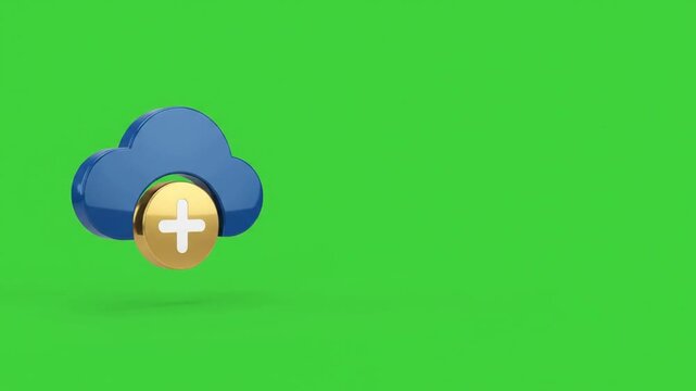 Cloud storage upload icon animation with plus symbol on green screen for data backup and file sharing