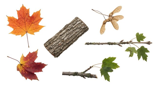 Collection of autumn maple leaves, a piece of textured tree bark, and winged maple seeds isolated on a clean white background, for seasonal nature projects