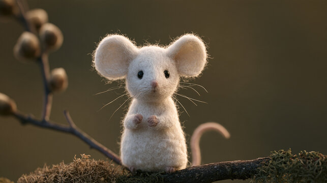 Cute white felt mouse standing on a branch with soft morning sunlight glow