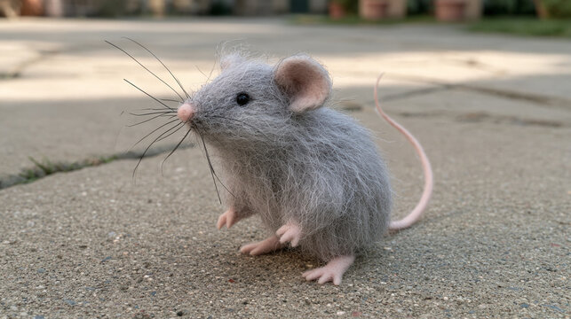 Cute little gray mouse standing on concrete ground in outdoor setting