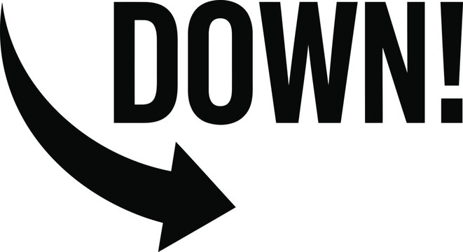 A bold black graphic with the word 'down' and a curving arrow pointing downwards, indicating direction.