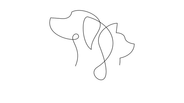 Animated Continuous Line Art Drawing of Dog and Cat - Pet Care, Veterinary Clinic, Friendship Concept