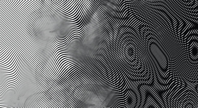 Vector lines transition from dark waves to light. Warped monochrome stripes made glitch distortion and moir&eacute; texture.
