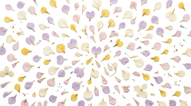 Delicate pressed flower petals in soft natural colors, suitable for wedding stationery, botanical invitations, craft projects and romantic celebration designs.