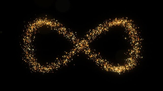 Gold glitter traces a glowing figure of eight on pure black, with metallic flakes running the loop and leaving soft trails, an endless seamless path for logo and title beds, Screen mode ready