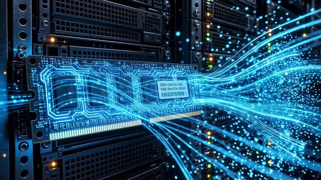 Server RAM module with glowing blue circuit patterns and digital data streams. High-tech data center hardware visualization. Static close-up shot.