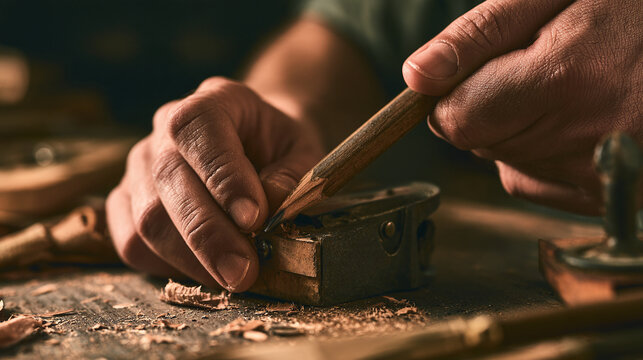 Master carpenter hand sharpen wood pencil at workshop work bench table