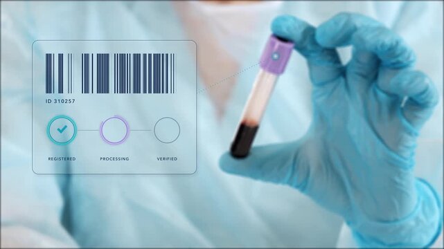 Gloved laboratory worker holds a blood sample tube as animated barcodes are scanned by a red light, rapidly cycle and resolve to a single code on a digital specimen tracking interface.