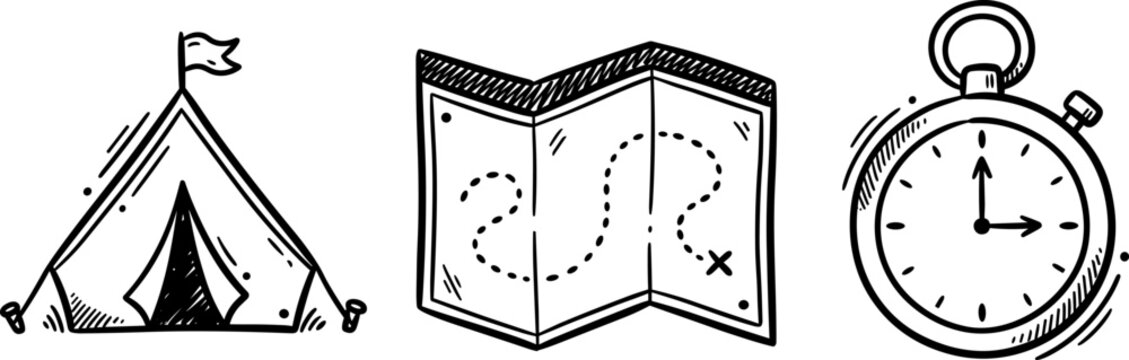 Camping tent folded map and stopwatch hand drawn doodle vector illustration.   