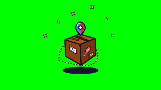 Premium 2D isometric vector animation of a cardboard delivery box with an oversized, animated GPS tracking pin and geographic data visualization overlay on a solid chroma green (#00FF00) background. F