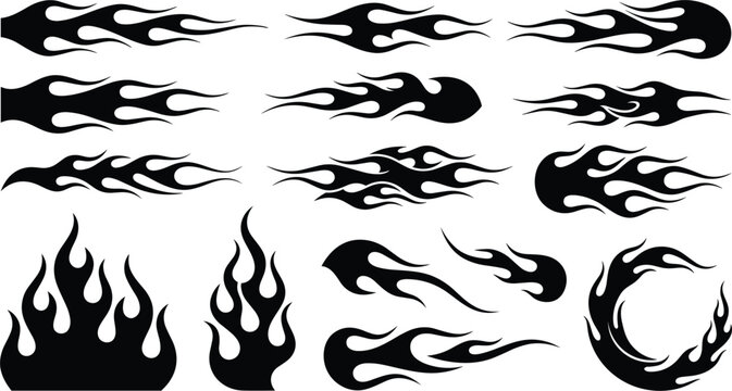 Black fire flames silhouettes tribal hot rod racing decals and motorcycle tattoo stencils graphic design elements vector set