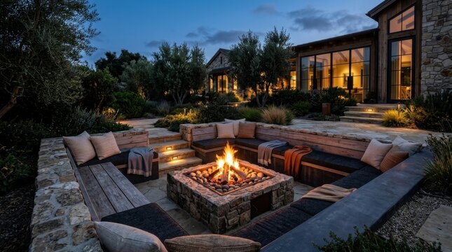 Cozy stone fire pit with comfortable seating in a luxurious outdoor living space at twilight