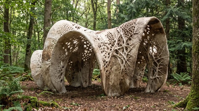 Organic Biomorphic Architectural Pavilion Structure in Forest