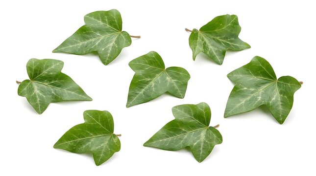 Set of six fresh green ivy leaves with distinct veins and pointed shapes arranged in a scattered pattern on a clean white background, for botanical or, decorative purposes