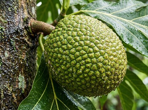 Fresh breadfruit hanging on a tree branch in a tropical garden during
