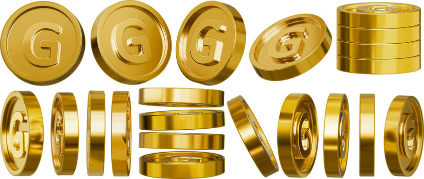 A set of 3D gold coins featuring the letter G symbol, shown from various angles isolated background. Concepts of coin collecting and currency rates.