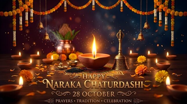 Happy Naraka Chaturdashi 28 October &ndash; Traditional Diya, Festival Lights and Hindu Celebration Greeting