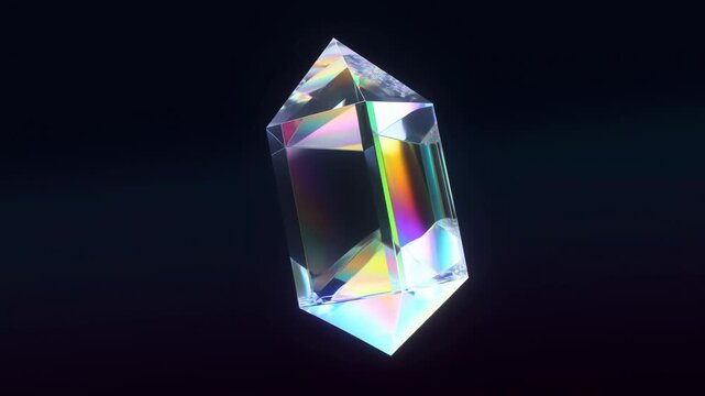 Faceted crystal rotates in dark space with shifting iridescent refractions. Luxury branding, jewelry advertising, and cosmetics promotion.