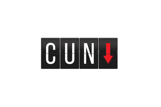 Airport flip clock sign showing the destination code CUN for Cancun with a red downward arrow, representing an arrival or decreasing status, presented on a transparent background
