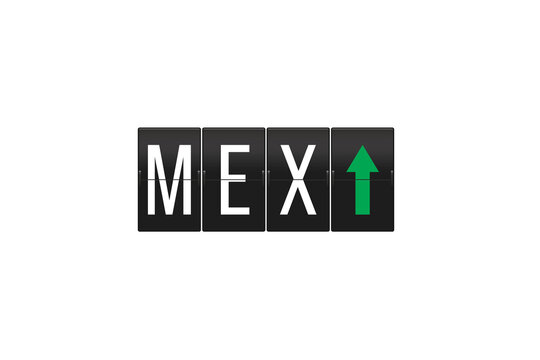 Vintage split-flap display shows MEX with a green up arrow, indicating an arrival or connection to Mexico City's airport, isolated on a transparent background