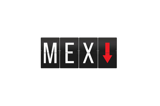 Airport split-flap display showing the three-letter code MEX for Mexico City and a red down arrow, indicating arrival or decreasing status, presented on a transparent background